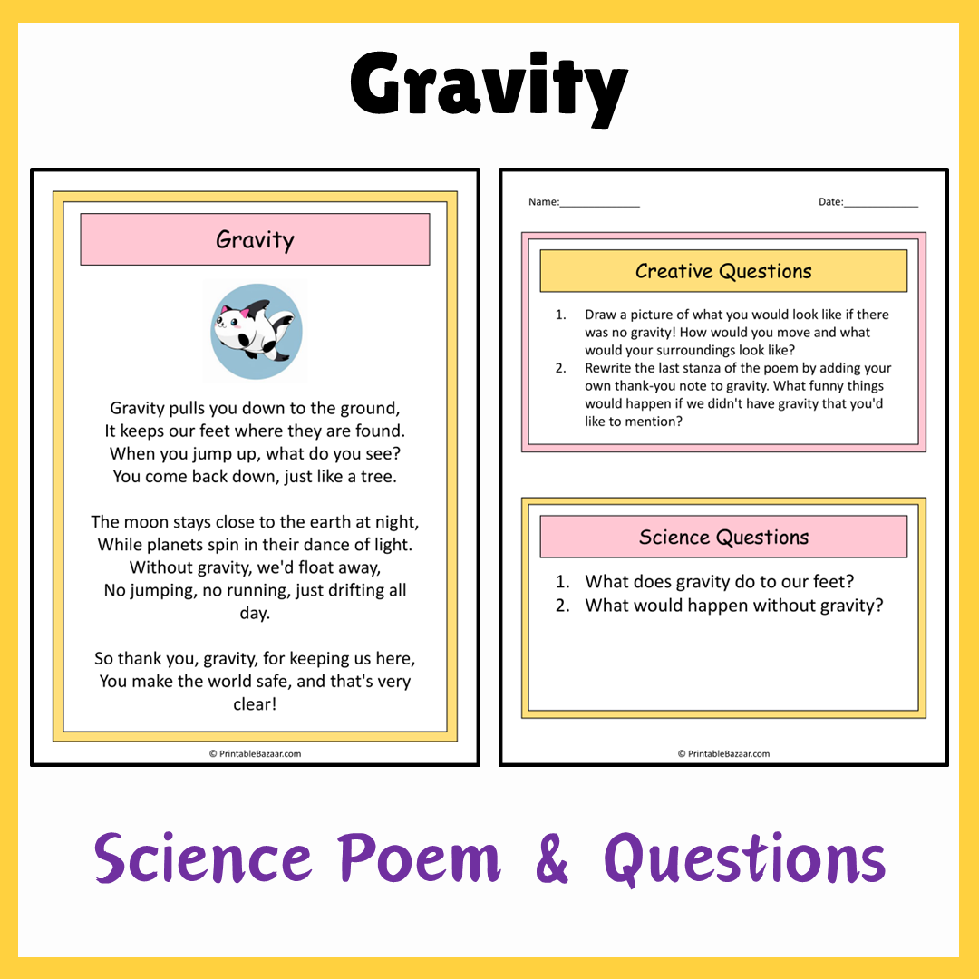 Gravity | Science Poem Reading Comprehension Activity