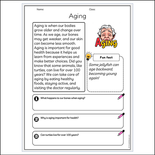 Aging | Reading Passage Comprehension Questions Writing Facts Worksheet