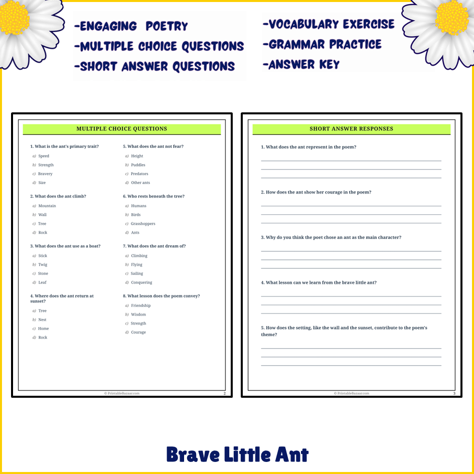 Brave Little Ant | Poem Grammar Worksheet Printable Activity