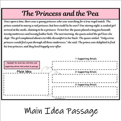 The Princess and the Pea | Main Idea and Supporting Details Reading Passage and Questions