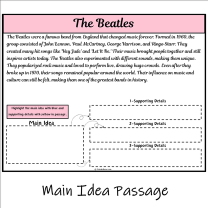 The Beatles | Main Idea and Supporting Details Reading Passage and Questions