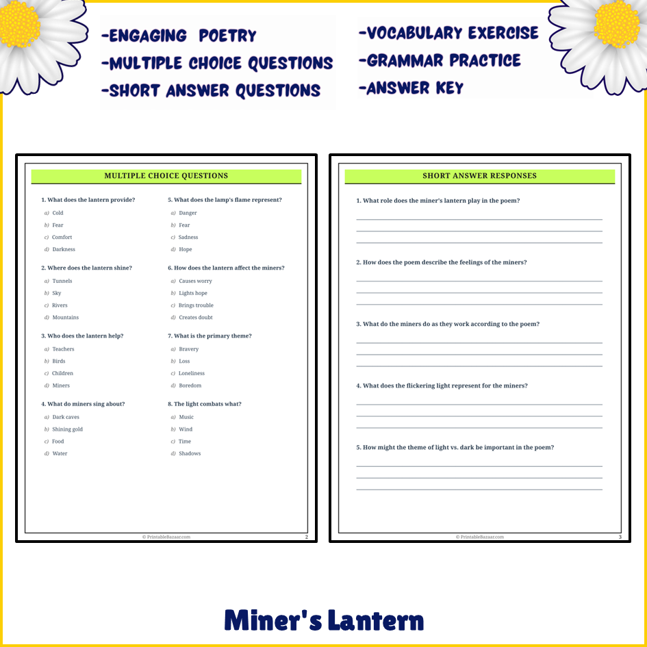 Miner's Lantern | Poem Grammar Worksheet Printable Activity