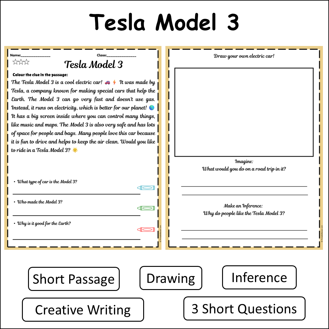 Tesla Model 3 | Short Reading Comprehension Creative Worksheet