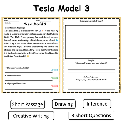 Tesla Model 3 | Short Reading Comprehension Creative Worksheet