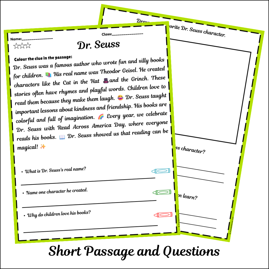 Dr. Seuss | Short Reading Comprehension Creative Worksheet