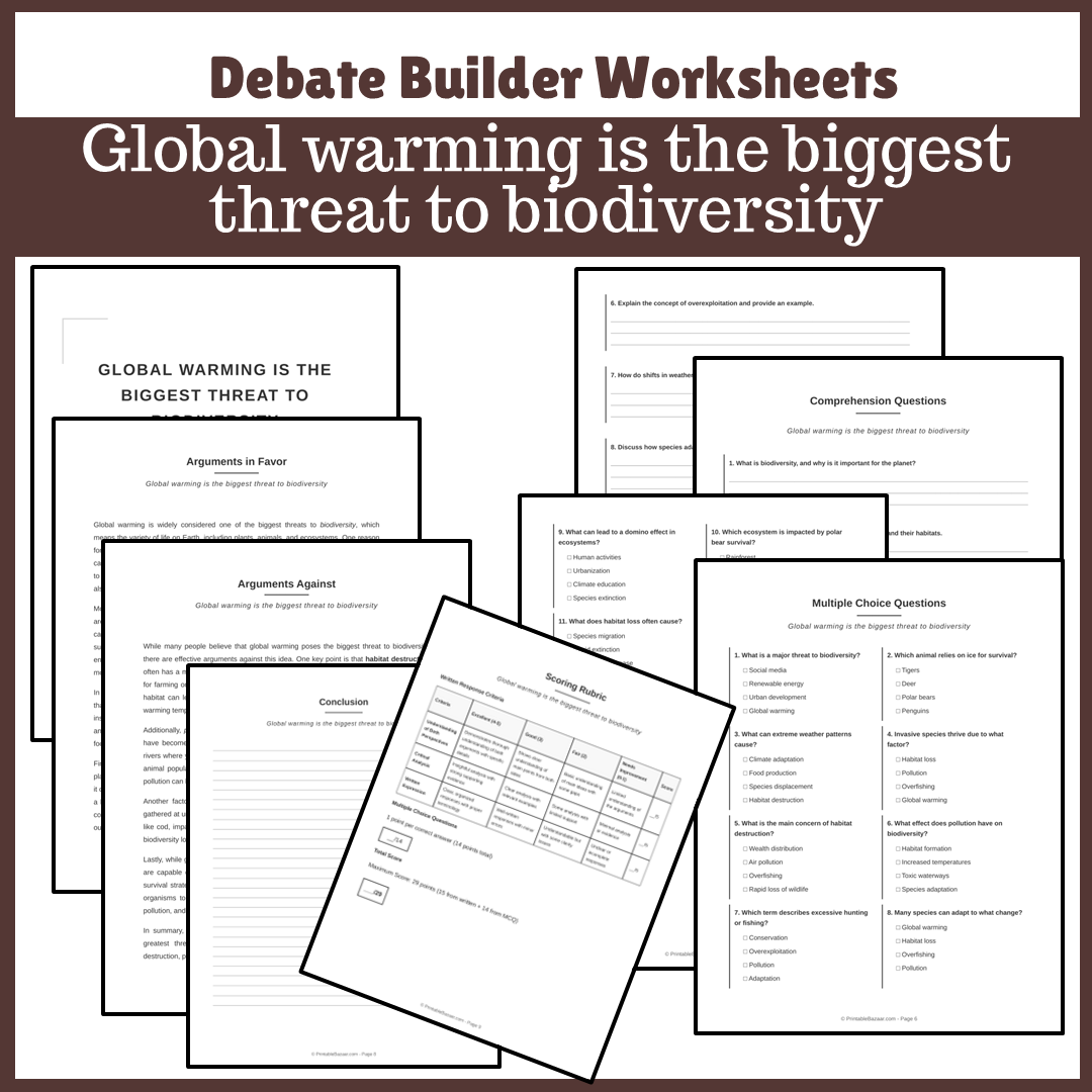 Global warming is the biggest threat to biodiversity | Favour and Against Worksheet Printable Activity
