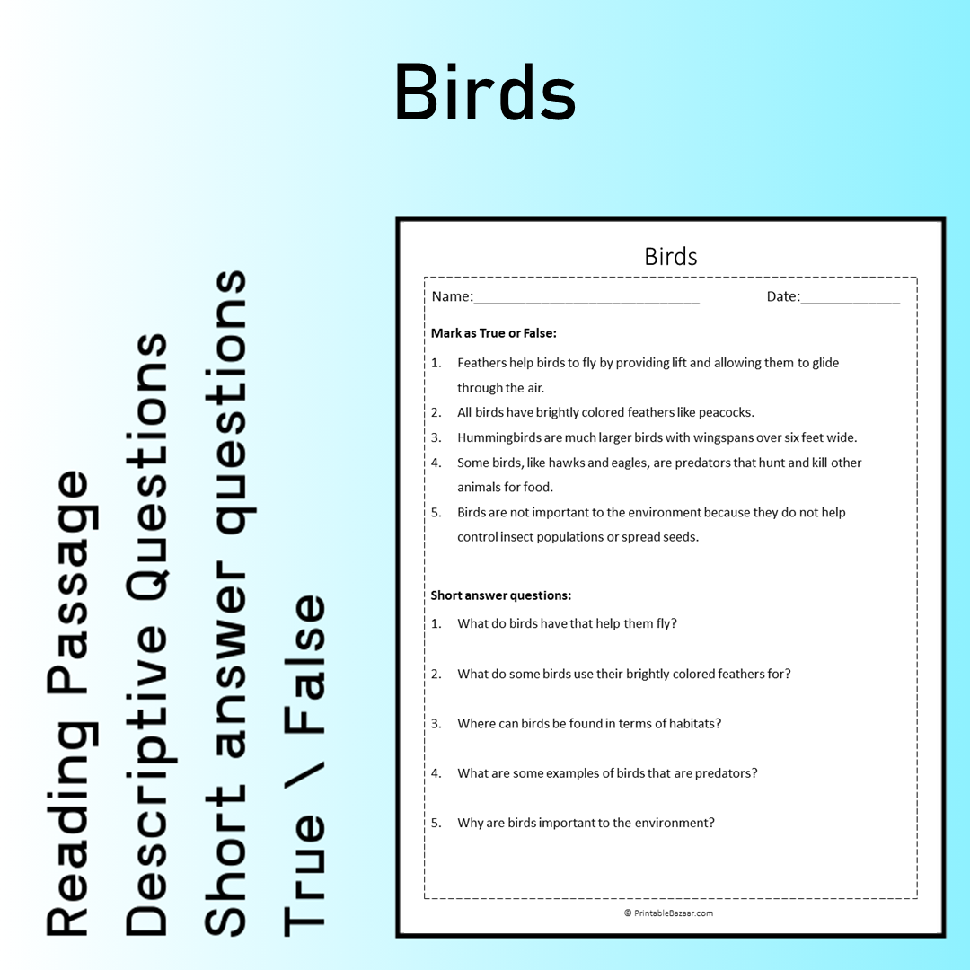 Birds | Reading Comprehension Passage Printable Worksheet