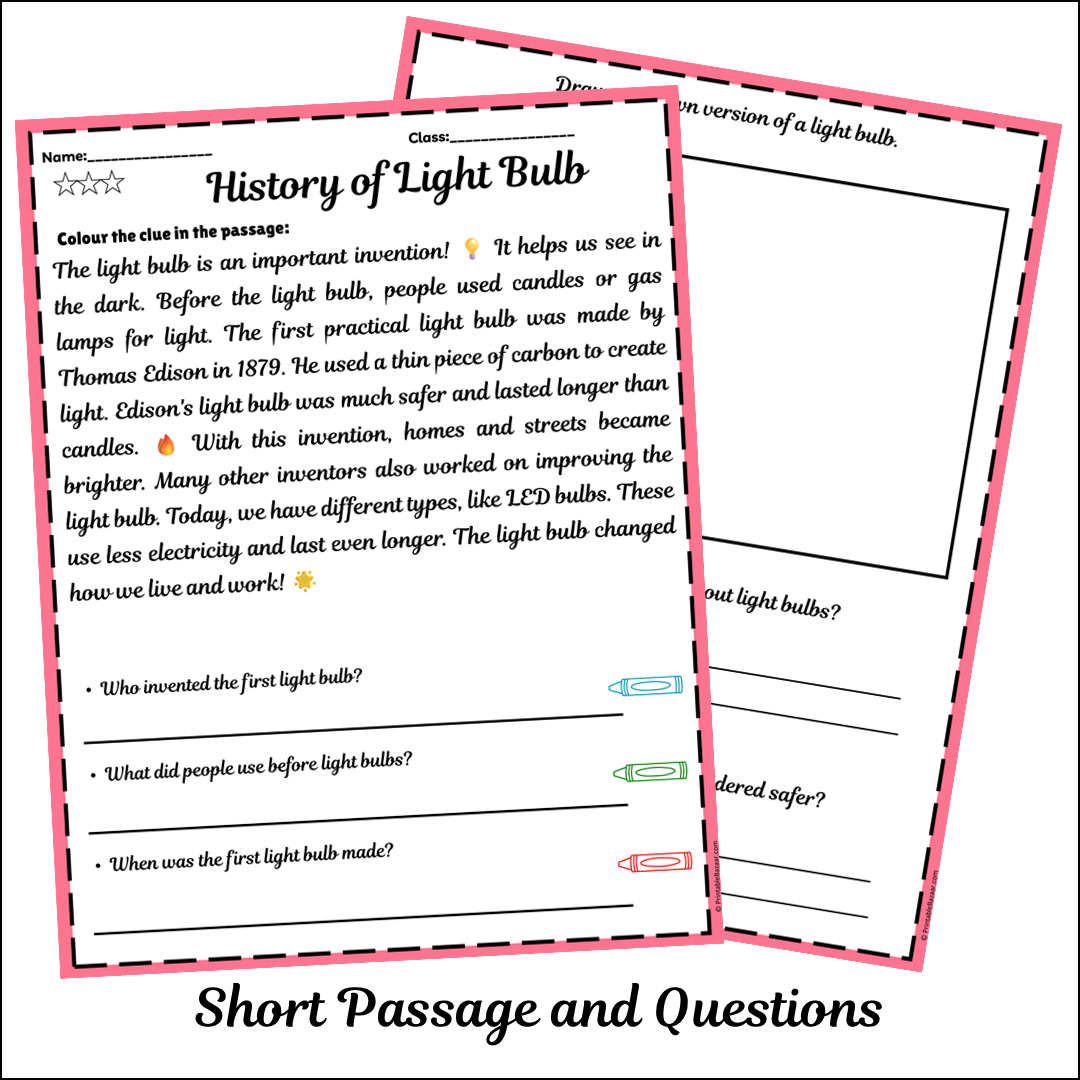 History of Light Bulb | Short Reading Comprehension Creative Worksheet