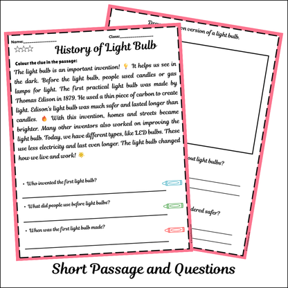 History of Light Bulb | Short Reading Comprehension Creative Worksheet