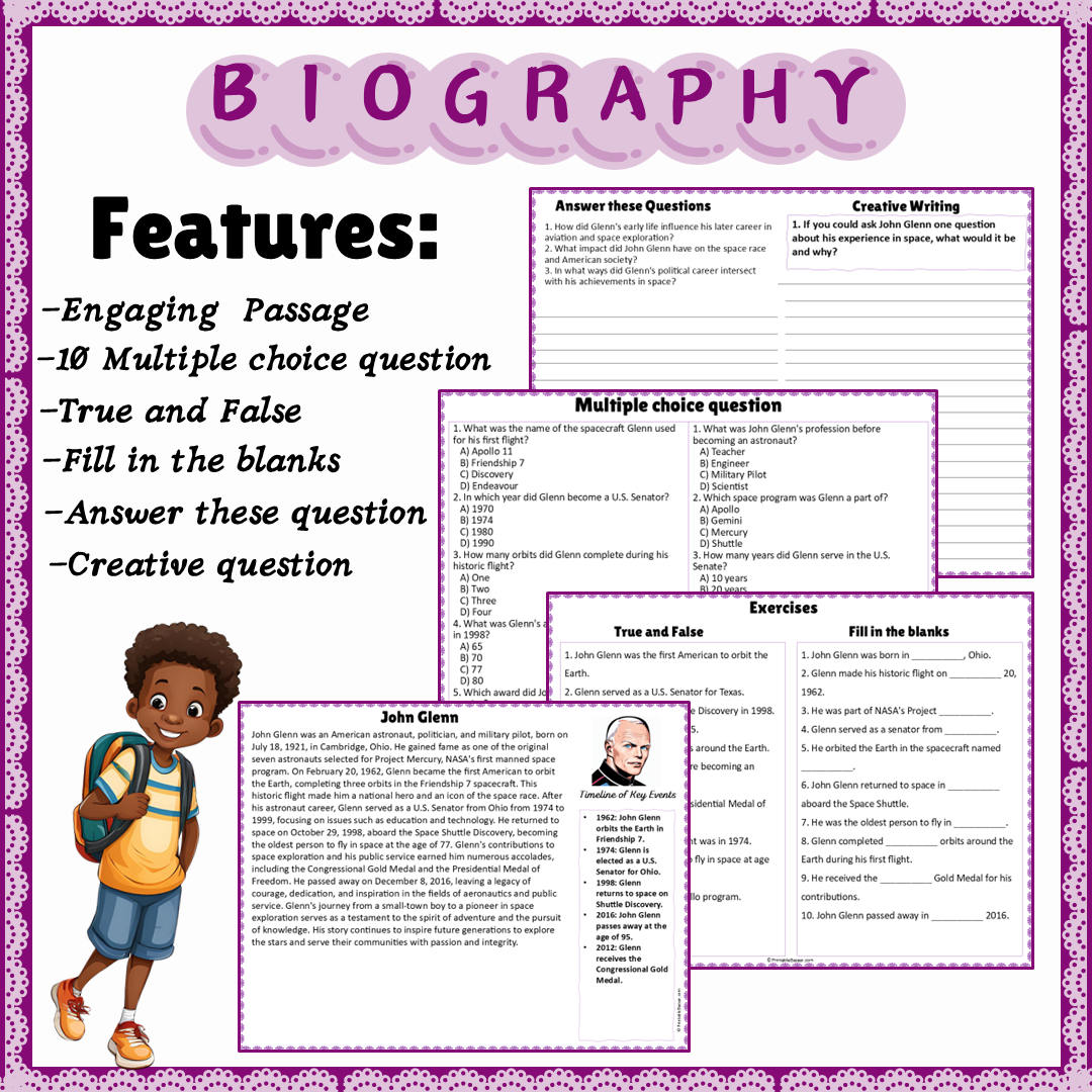 John Glenn | Biography Reading Comprehension and Questions Worksheet