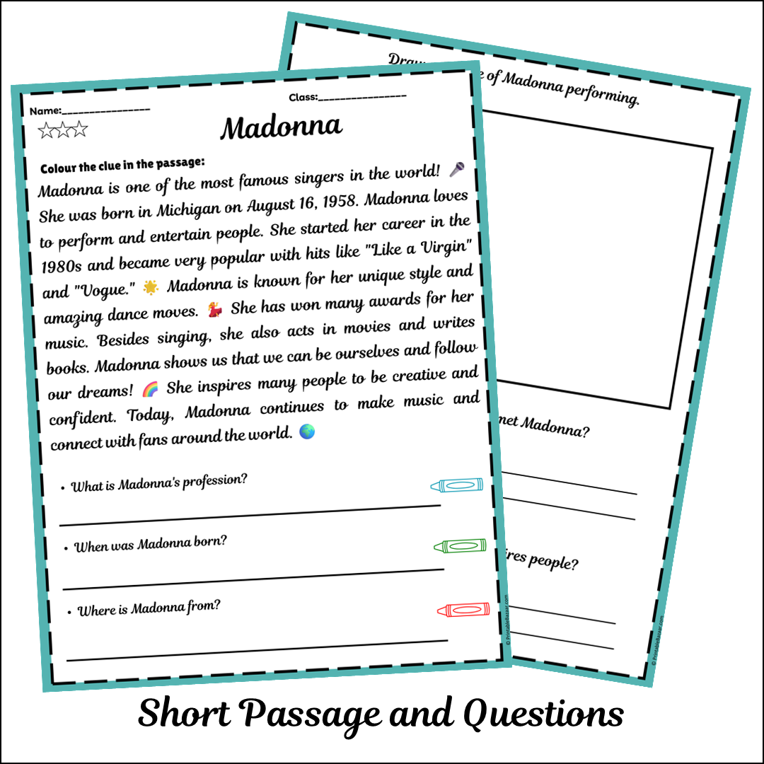 Madonna | Short Reading Comprehension Creative Worksheet