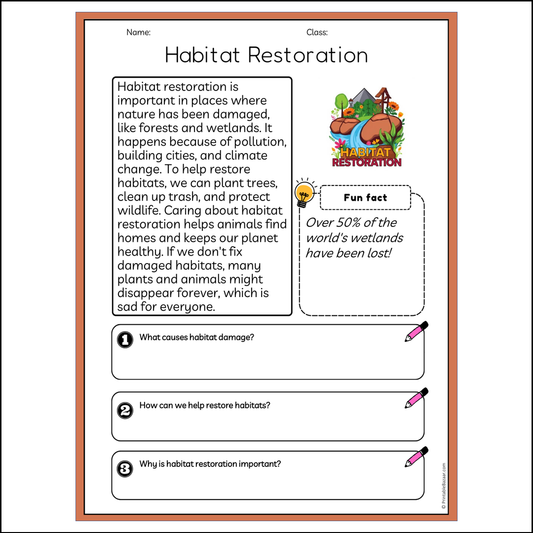 Habitat Restoration | Reading Passage Comprehension Questions Writing Facts Worksheet