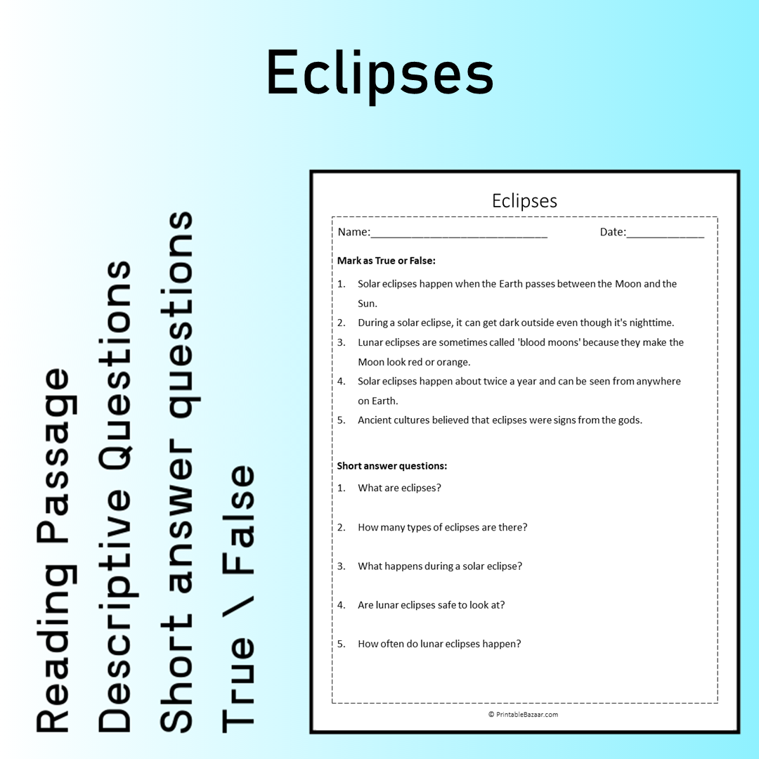 Eclipses | Reading Comprehension Passage Printable Worksheet