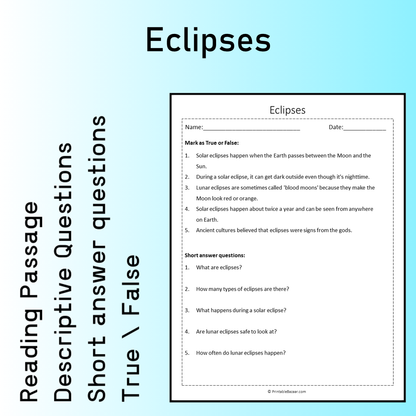Eclipses | Reading Comprehension Passage Printable Worksheet