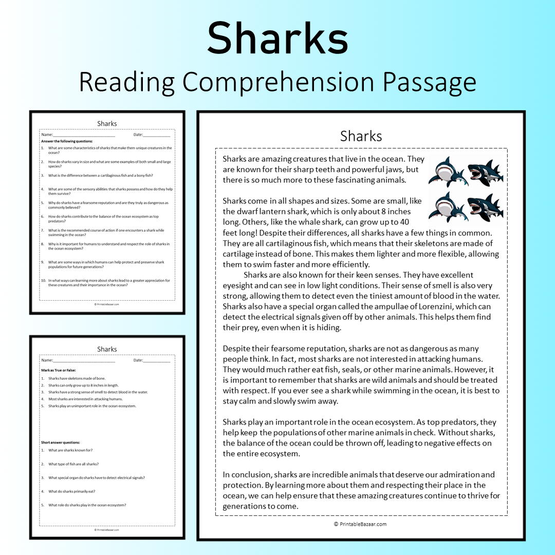 Sharks | Reading Comprehension Passage Printable Worksheet