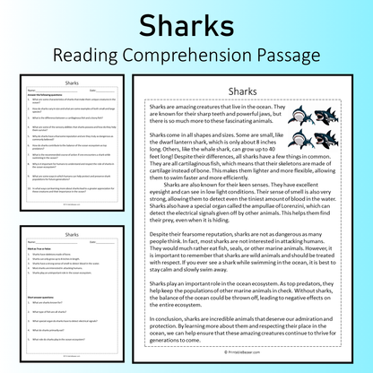 Sharks | Reading Comprehension Passage Printable Worksheet