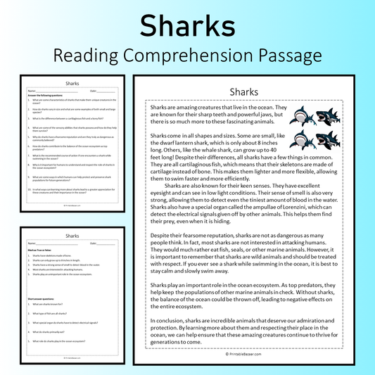 Sharks | Reading Comprehension Passage Printable Worksheet