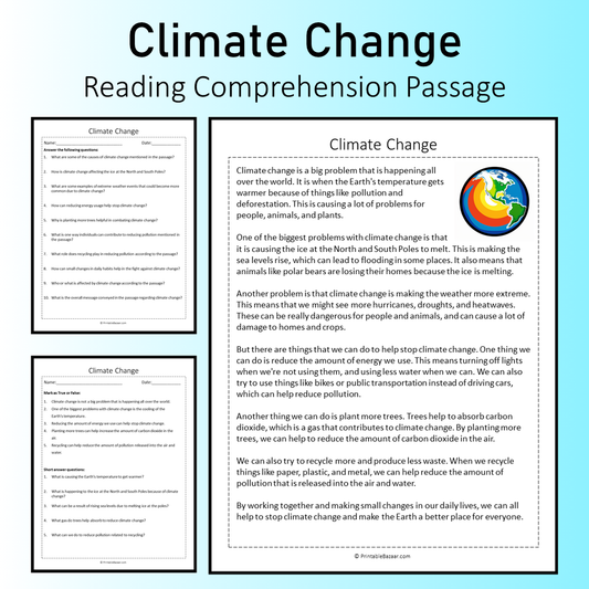 Climate Change | Reading Comprehension Passage Printable Worksheet