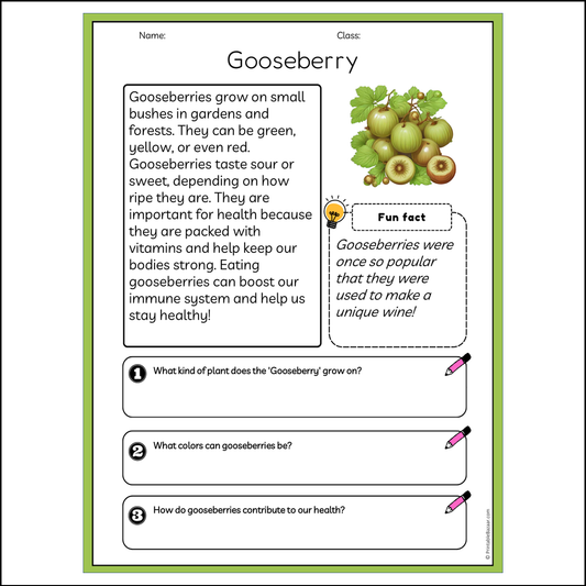 Gooseberry | Reading Passage Comprehension Questions Writing Facts Worksheet