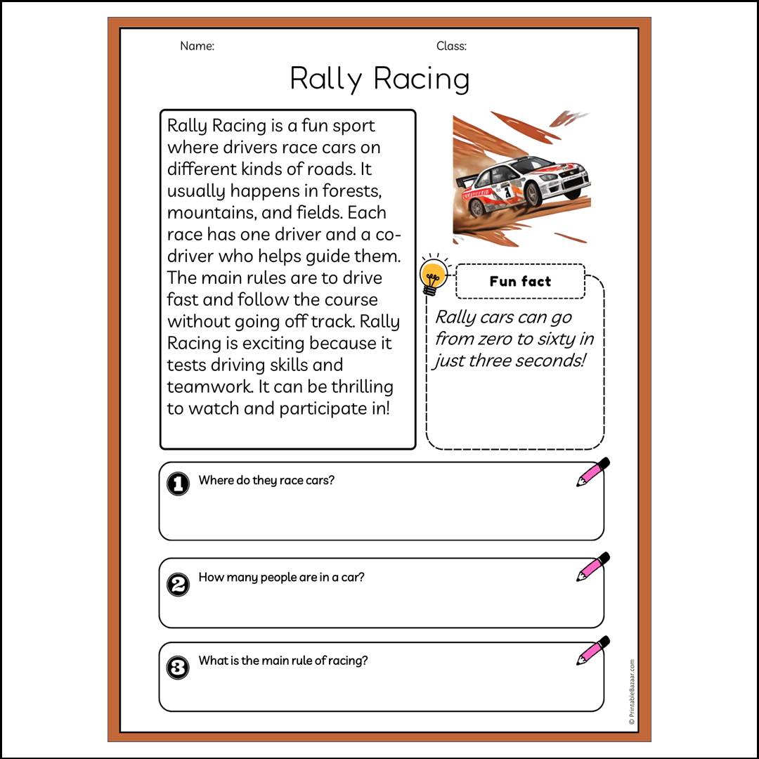 Rally Racing | Reading Passage Comprehension Questions Writing Facts Worksheet