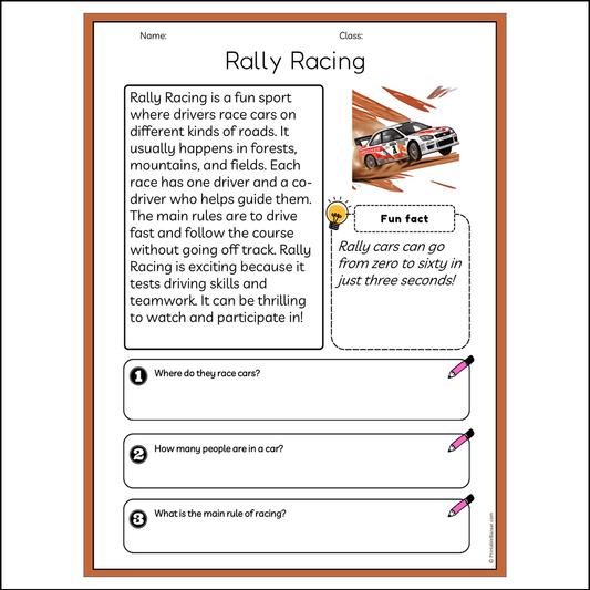 Rally Racing | Reading Passage Comprehension Questions Writing Facts Worksheet