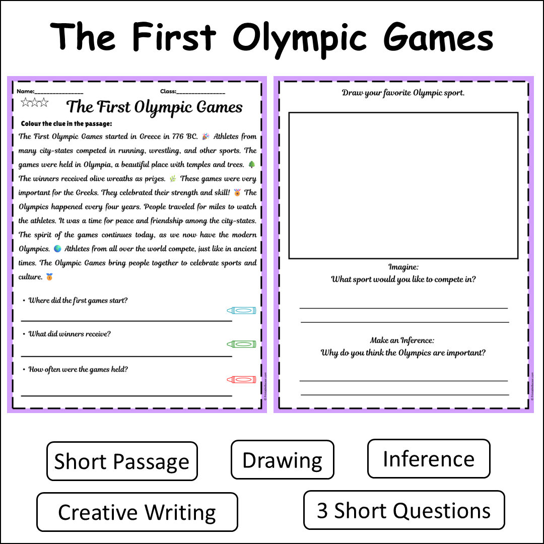 The First Olympic Games | Short Reading Comprehension Creative Worksheet