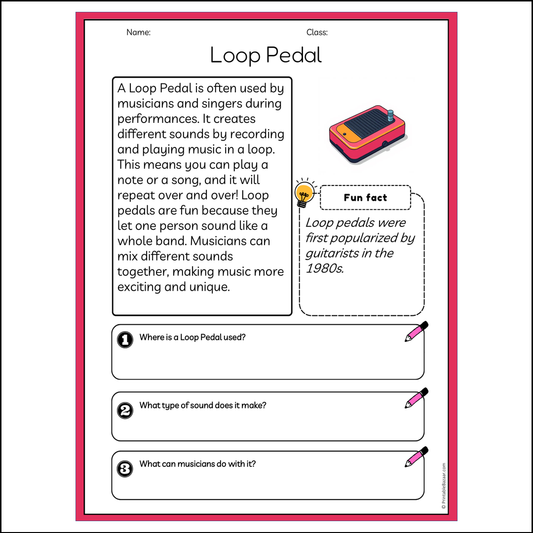 Loop Pedal | Reading Passage Comprehension Questions Writing Facts Worksheet