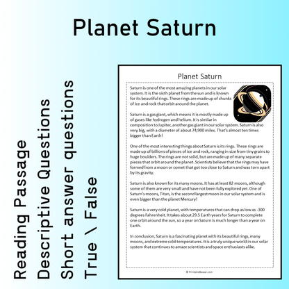 Planet Saturn | Reading Comprehension Passage Printable Worksheet