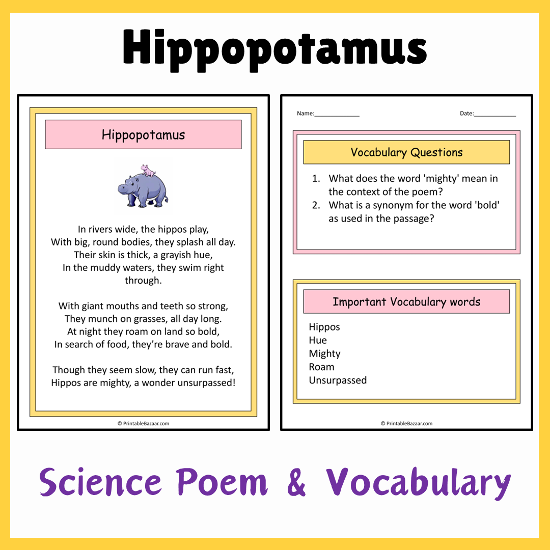 Hippopotamus | Science Poem Reading Comprehension Activity