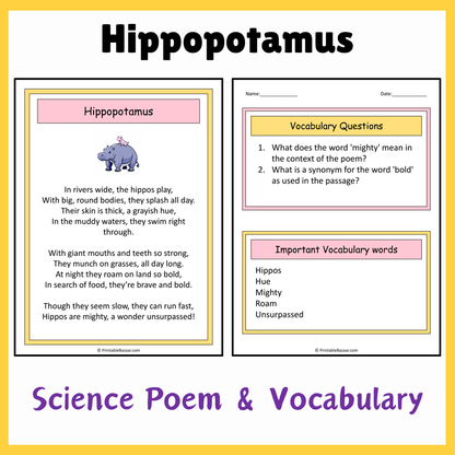 Hippopotamus | Science Poem Reading Comprehension Activity