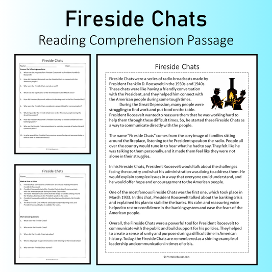 Fireside Chats | Reading Comprehension Passage Printable Worksheet