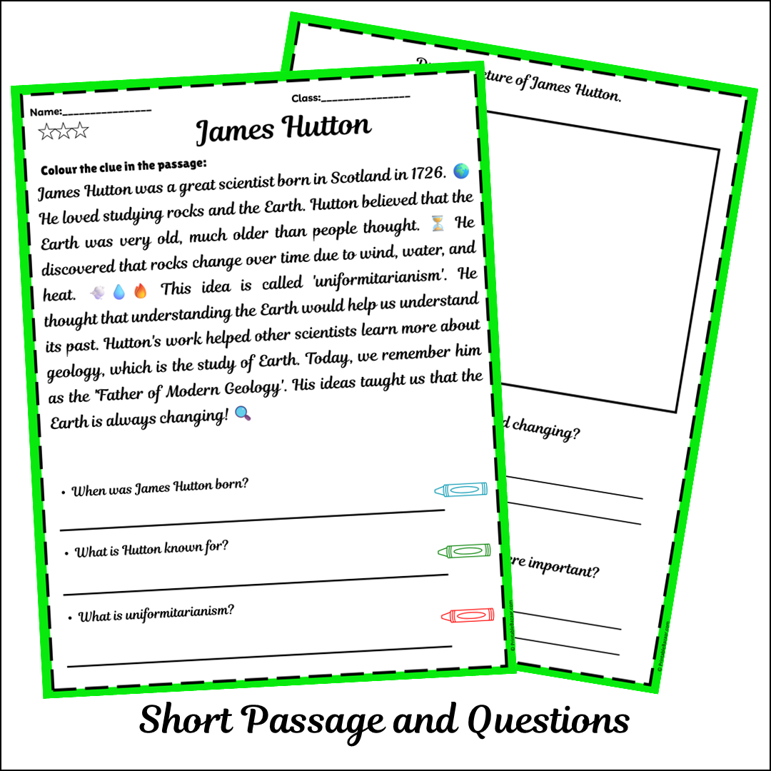 James Hutton | Short Reading Comprehension Creative Worksheet