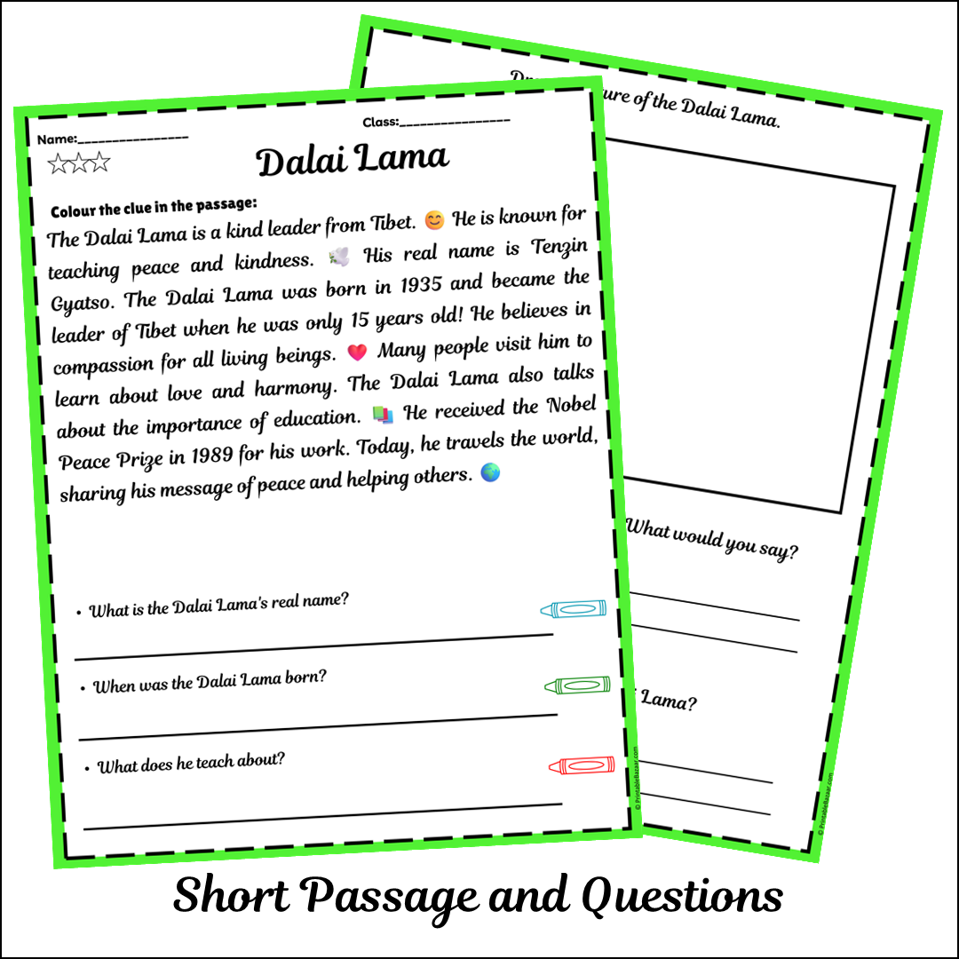Dalai Lama | Short Reading Comprehension Creative Worksheet