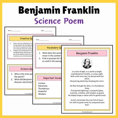 Benjamin Franklin | Science Poem Reading Comprehension Activity