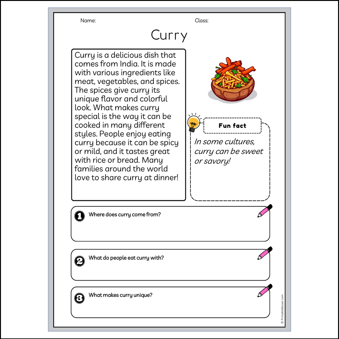 Curry | Reading Passage Comprehension Questions Writing Facts Worksheet