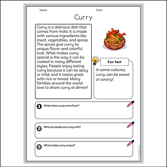 Curry | Reading Passage Comprehension Questions Writing Facts Worksheet