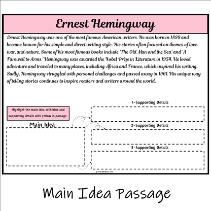 Ernest Hemingway | Main Idea and Supporting Details Reading Passage and Questions