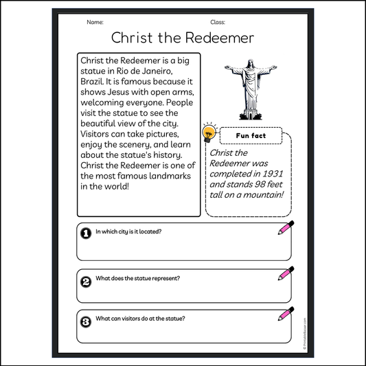 Christ the Redeemer | Reading Passage Comprehension Questions Writing Facts Worksheet