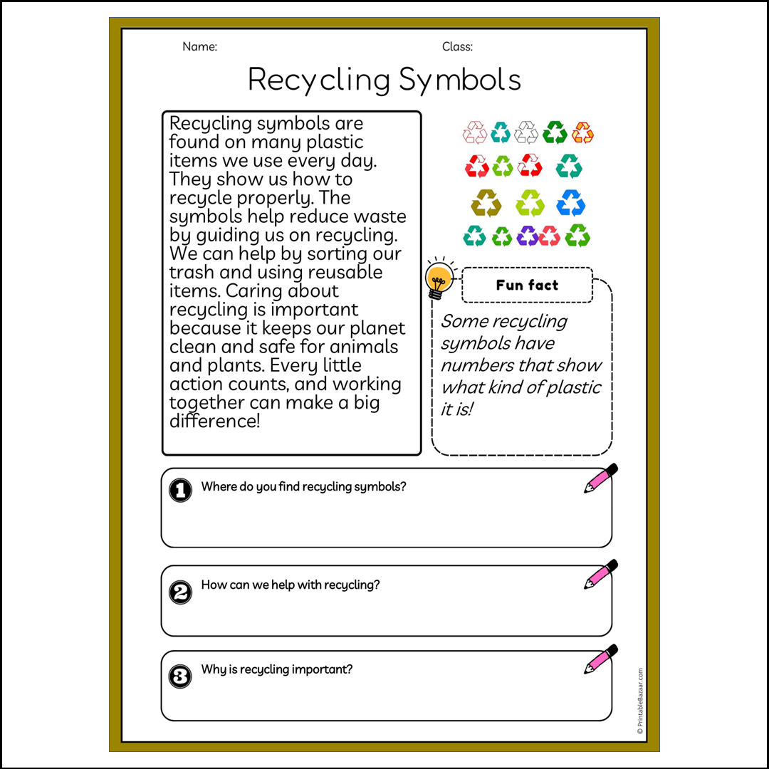 Recycling Symbols | Reading Passage Comprehension Questions Writing Facts Worksheet