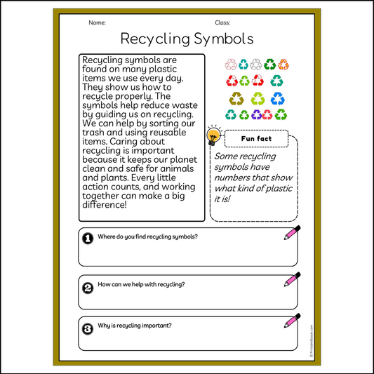 Recycling Symbols | Reading Passage Comprehension Questions Writing Facts Worksheet