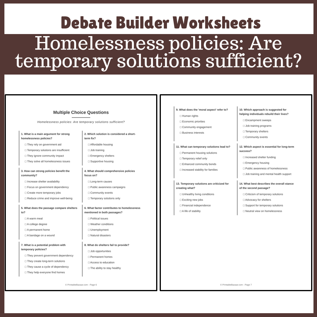 Homelessness policies: Are temporary solutions sufficient? | Favour and Against Worksheet Printable Activity
