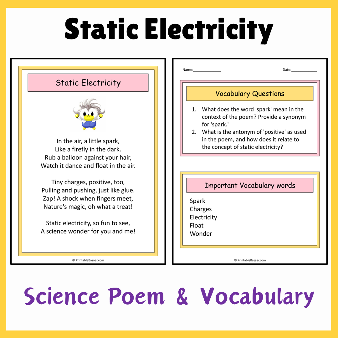 Static Electricity | Science Poem Reading Comprehension Activity