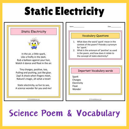 Static Electricity | Science Poem Reading Comprehension Activity