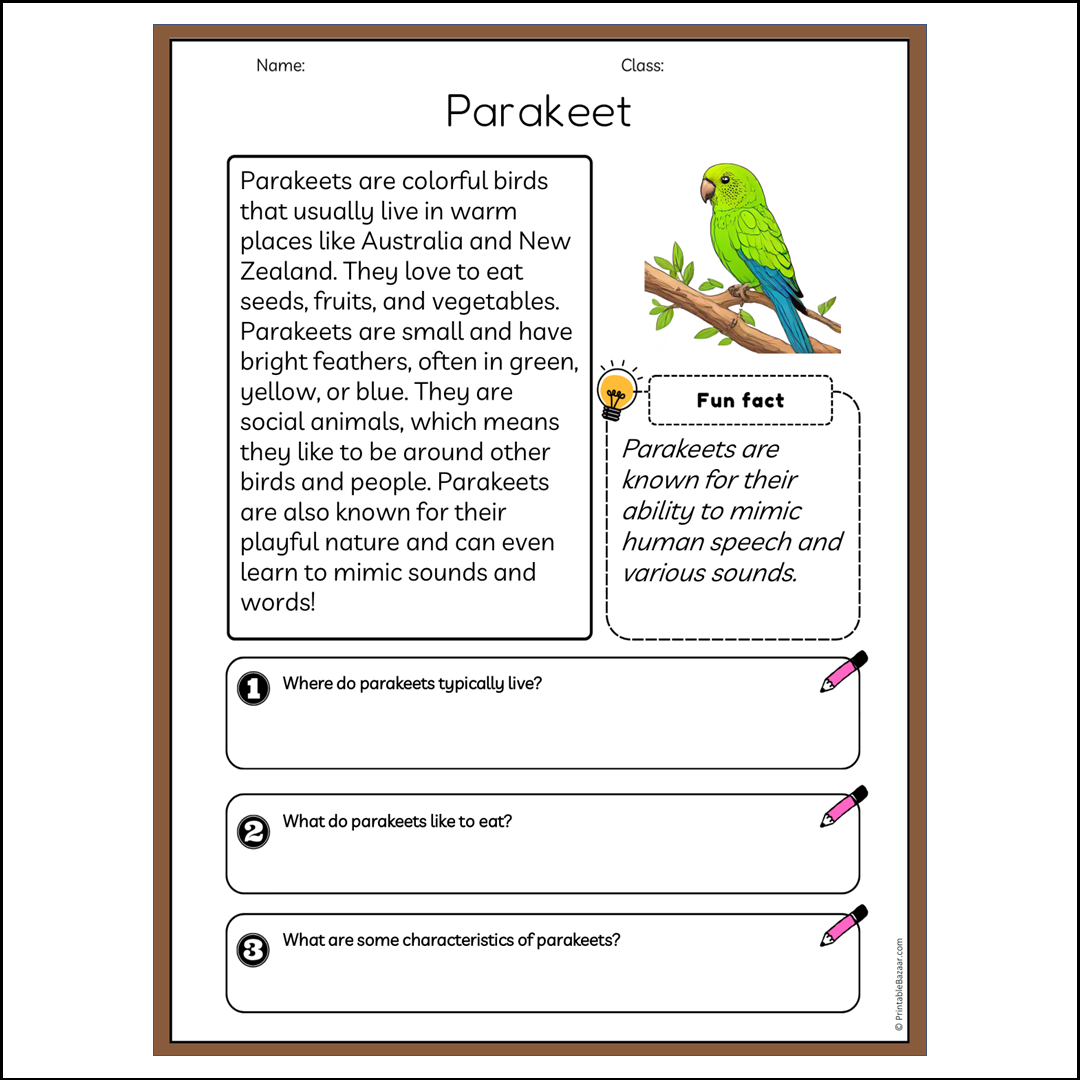 Parakeet | Reading Passage Comprehension Questions Writing Facts Worksheet