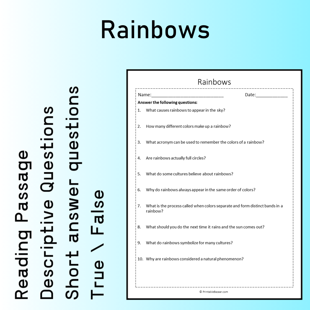 Rainbows | Reading Comprehension Passage Printable Worksheet