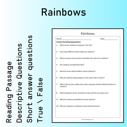 Rainbows | Reading Comprehension Passage Printable Worksheet