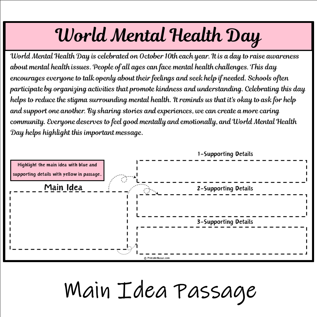 World Mental Health Day | Main Idea and Supporting Details Reading Passage and Questions