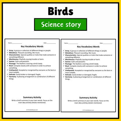 Birds | Science Story Reading Comprehension Activity