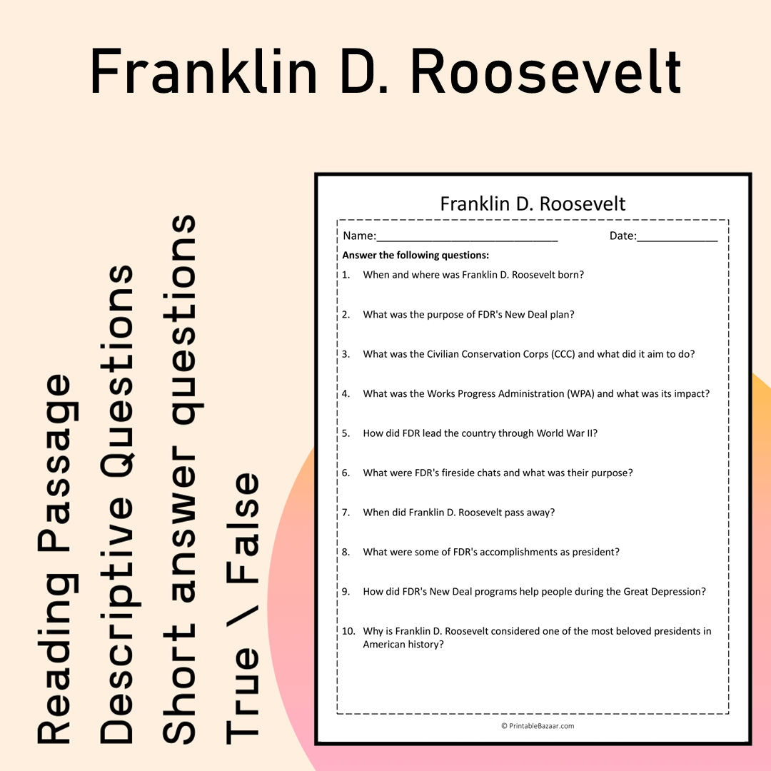 Franklin D. Roosevelt | Reading Comprehension Passage Printable Activity