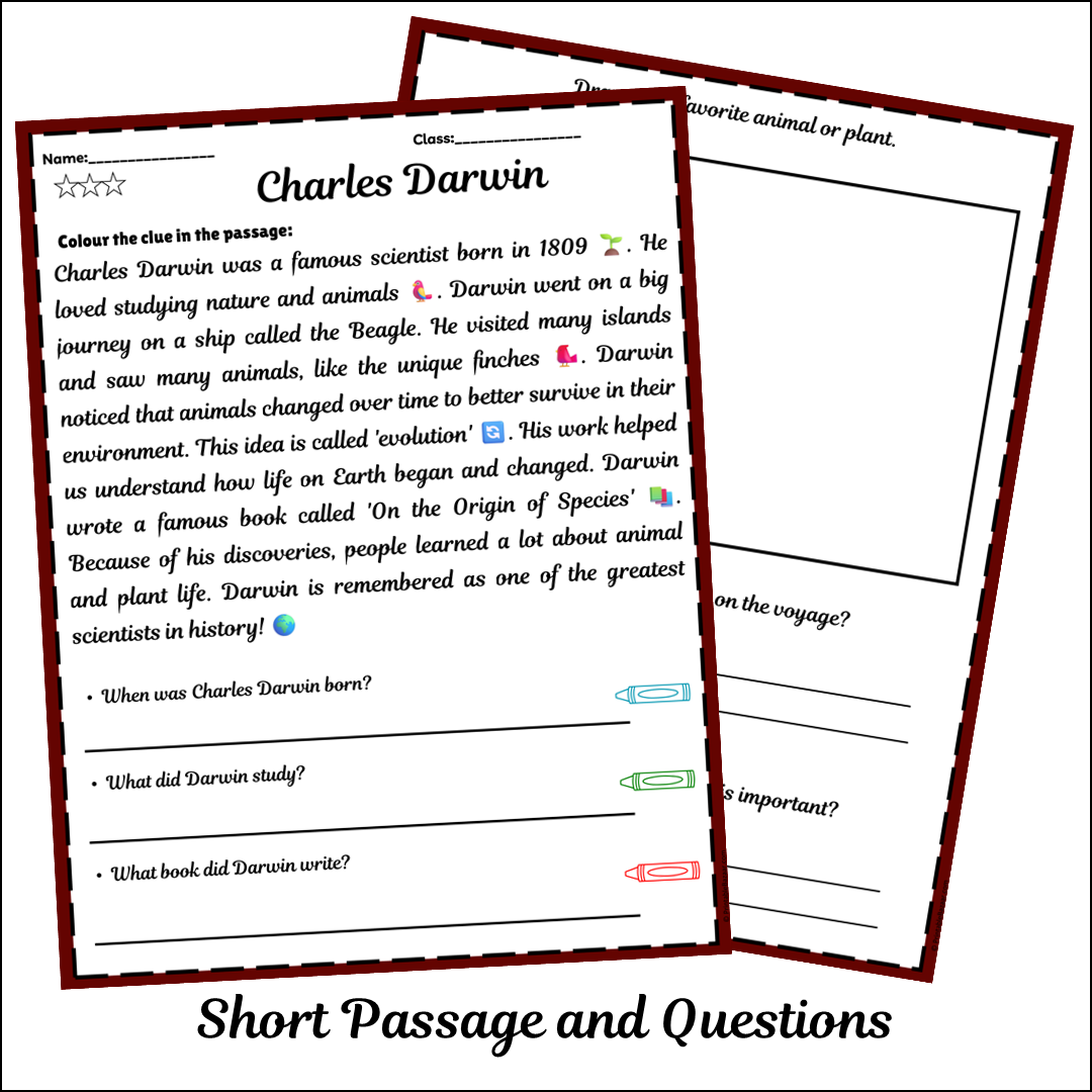 Charles Darwin | Short Reading Comprehension Creative Worksheet